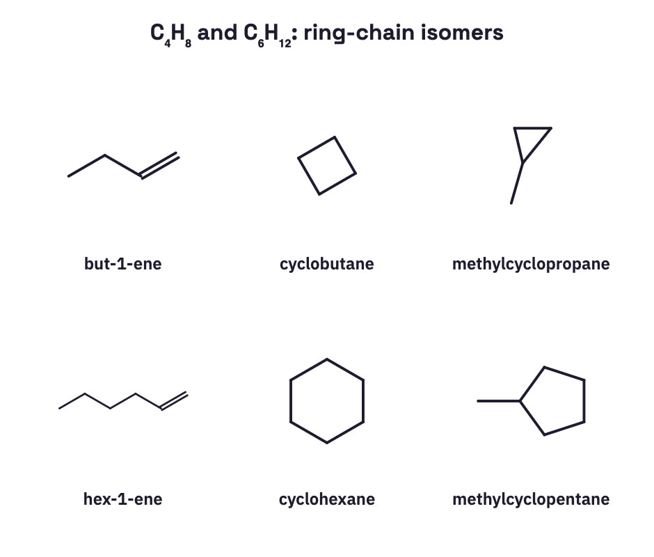 Ring-chain isomers of C₄H₈ and C₆H₁₂.